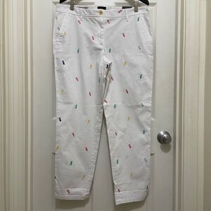 NEW Talbots Relaxed Chino Pants White Multicolor Embroidered‎ Pineapple Sz 12